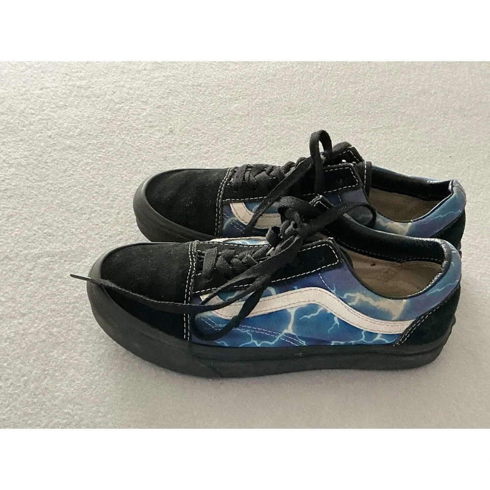 Vans Old Skool Sneakers 4.5 Men 6 Women Blue Lightning Bolt Black Suede Low Top